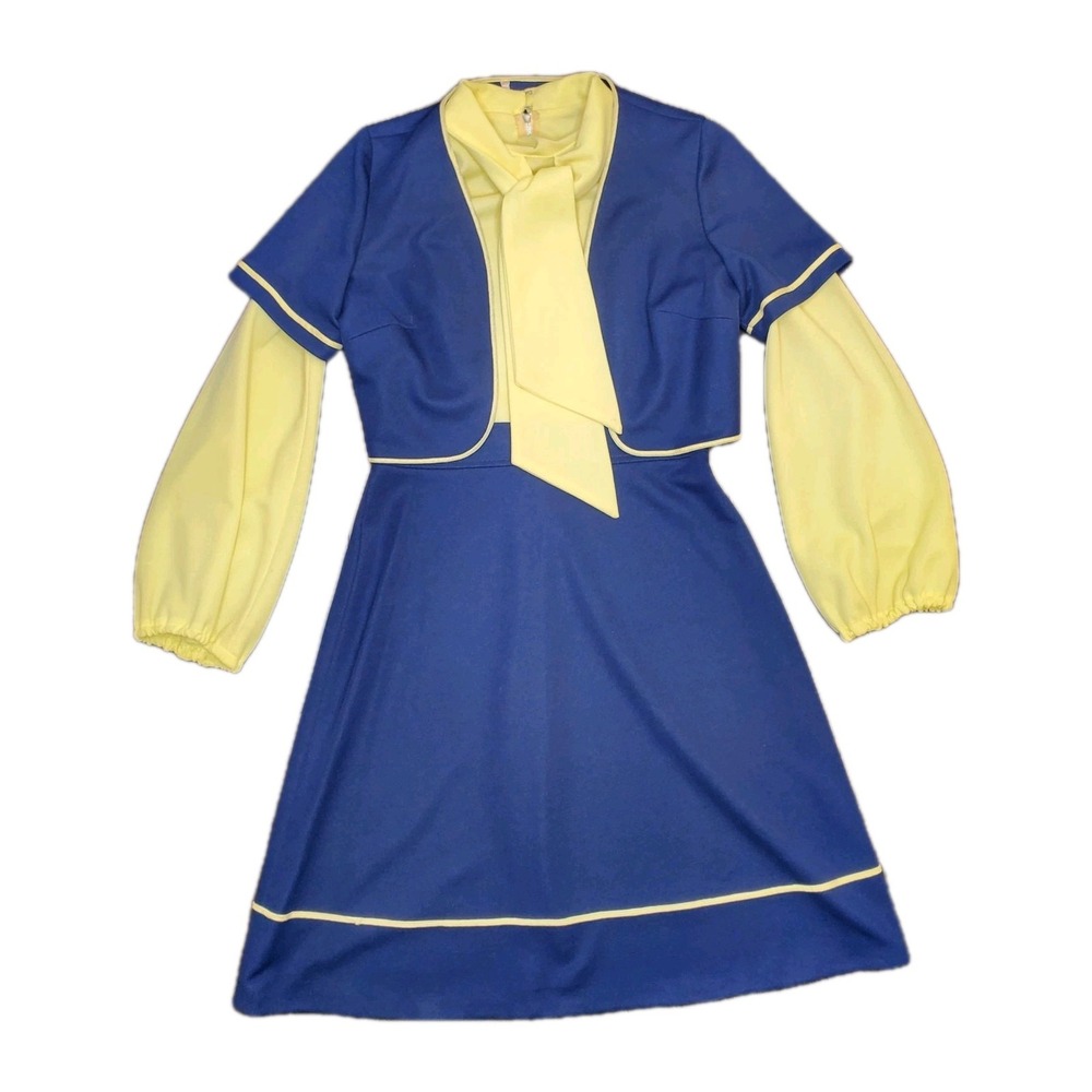 Women's Vintage 60/70s Navy Blue/Yellow 2 Piece Suit Dress fits 6/8